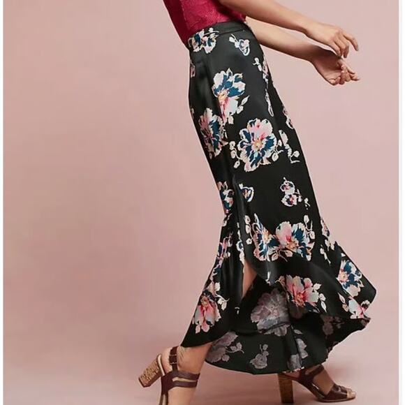 Anthropologie Elevenses Black Satin Floral Tansy Ruffled Wide Leg Slit Pants - Picture 3 of 12